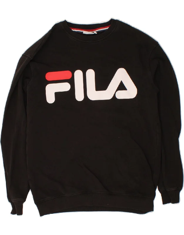 FILA Mens Graphic Sweatshirt Jumper Small Black Cotton Hoodie with Hidden Zipper Minimalist Clean
