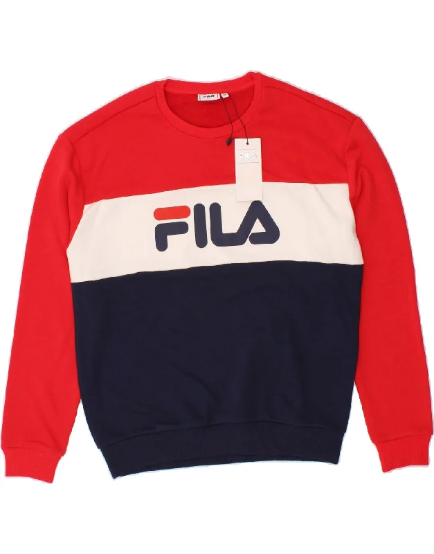 FILA Womens Graphic Sweatshirt Jumper UK 14 Medium Red Colourblock Cotton Hoodie with Strings Custom Fit Adjustable