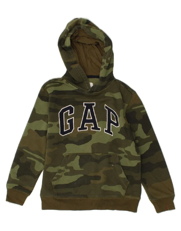 GAP Boys Graphic Hoodie Jumper 8-9 Years Medium Khaki Camouflage Cotton Hoodie with Belted Waist Structured Tailored