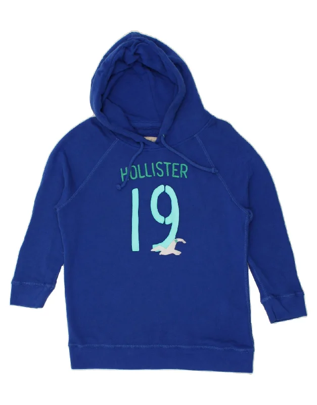 HOLLISTER Womens 3/4 Sleeve Graphic Hoodie Jumper UK 14 Medium Blue Cotton Hoodie with Raw Hem Edgy Unfinished HOLLISTER Womens 3/4 Sleeve Graphic Hoodie Jumper UK 14 Medium Blue Cotton Hoodie with Raw Hem Edgy Unfinished