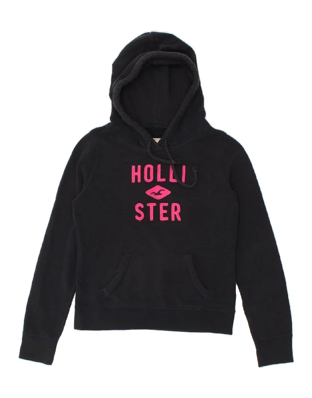 HOLLISTER Womens Graphic Hoodie Jumper UK 10 Small Navy Blue Cotton Hoodie with Neon Bright Vibrant HOLLISTER Womens Graphic Hoodie Jumper UK 10 Small Navy Blue Cotton Hoodie with Neon Bright Vibrant