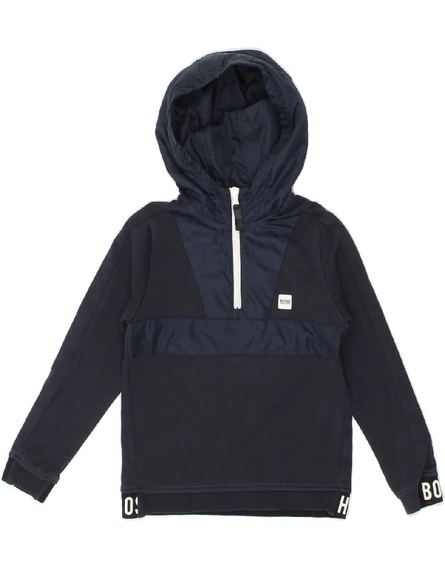 HUGO BOSS Boys Zip Neck Hoodie Jumper 7-8 Years Navy Blue Cotton Hoodie with Rhinestones Sparkly Elegant