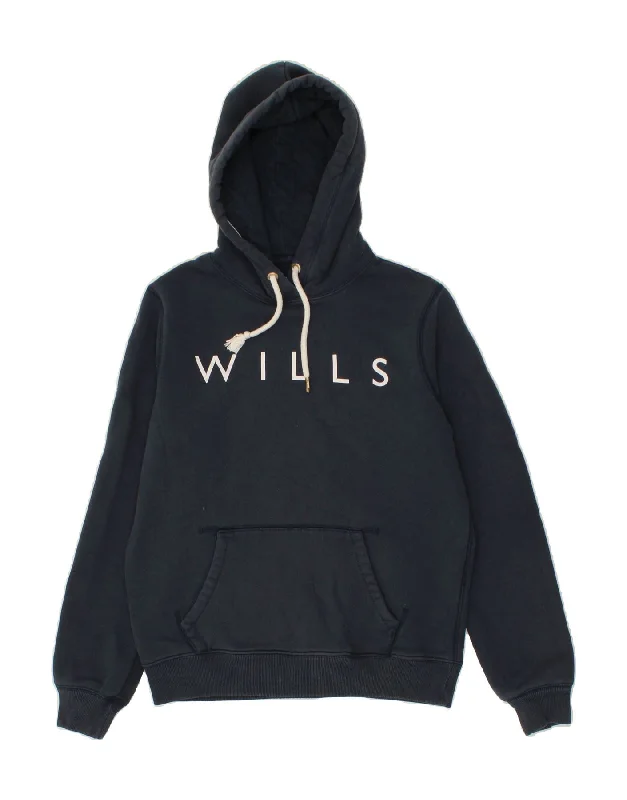 JACK WILLS Womens Graphic Hoodie Jumper UK 10 Small Navy Blue Cotton Hoodie with Camouflage Military Edgy