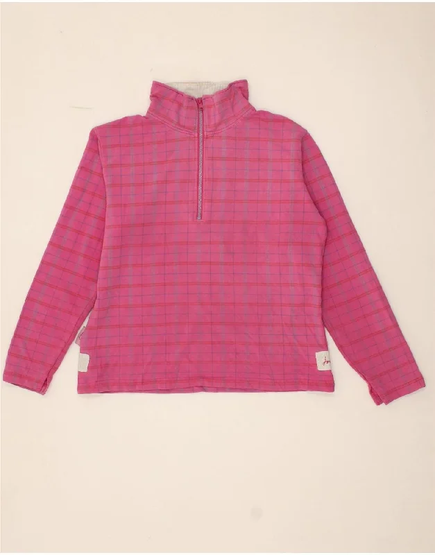JOULES Womens Zip Neck Sweatshirt Jumper UK 14 Large Pink Check Hoodie with Frayed Bohemian Relaxed
