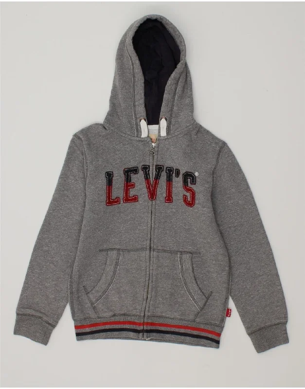 LEVI'S Boys Graphic Zip Hoodie Sweater 9-10 Years Grey Cotton