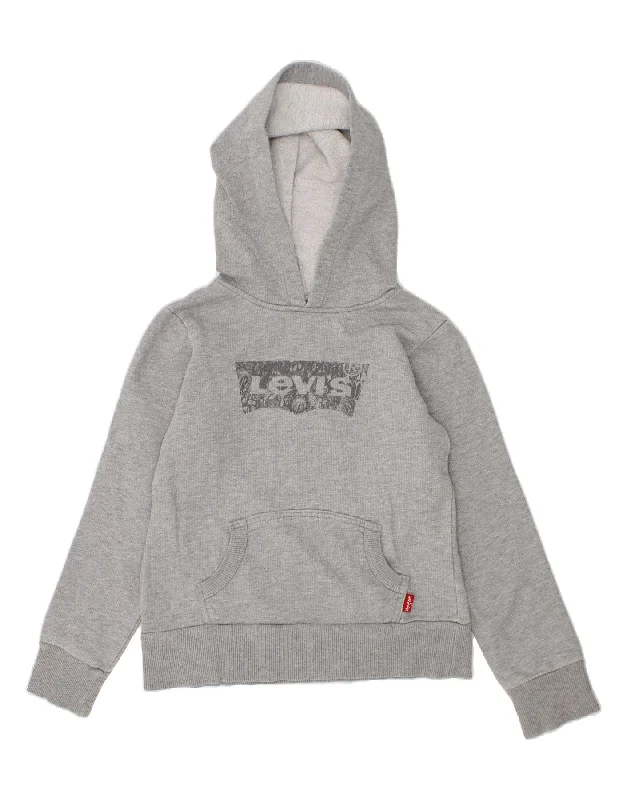 LEVI'S Girls Graphic Hoodie Jumper 7-8 Years Grey Hoodie with Drawcord Adjustable Secure