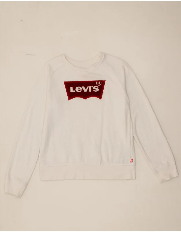 LEVI'S Girls Graphic Sweatshirt Jumper 13-14 Years XL White Cotton Hoodie with Set-In Sleeves Structured Classic