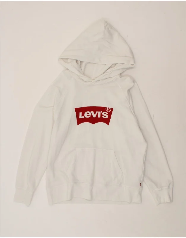 LEVI'S Womens Graphic Hoodie Jumper UK 14 Medium White Cotton Hoodie with Belted Waist Structured Tailored