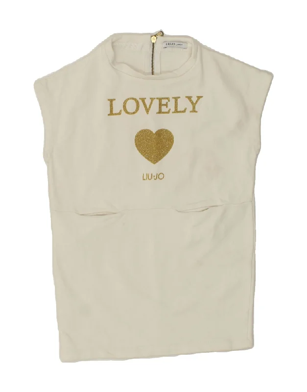 LIU JO Girls Sleeveless Sweatshirt Jumper Dress 7-8 Years White Cotton Hoodie with Typography Text Message