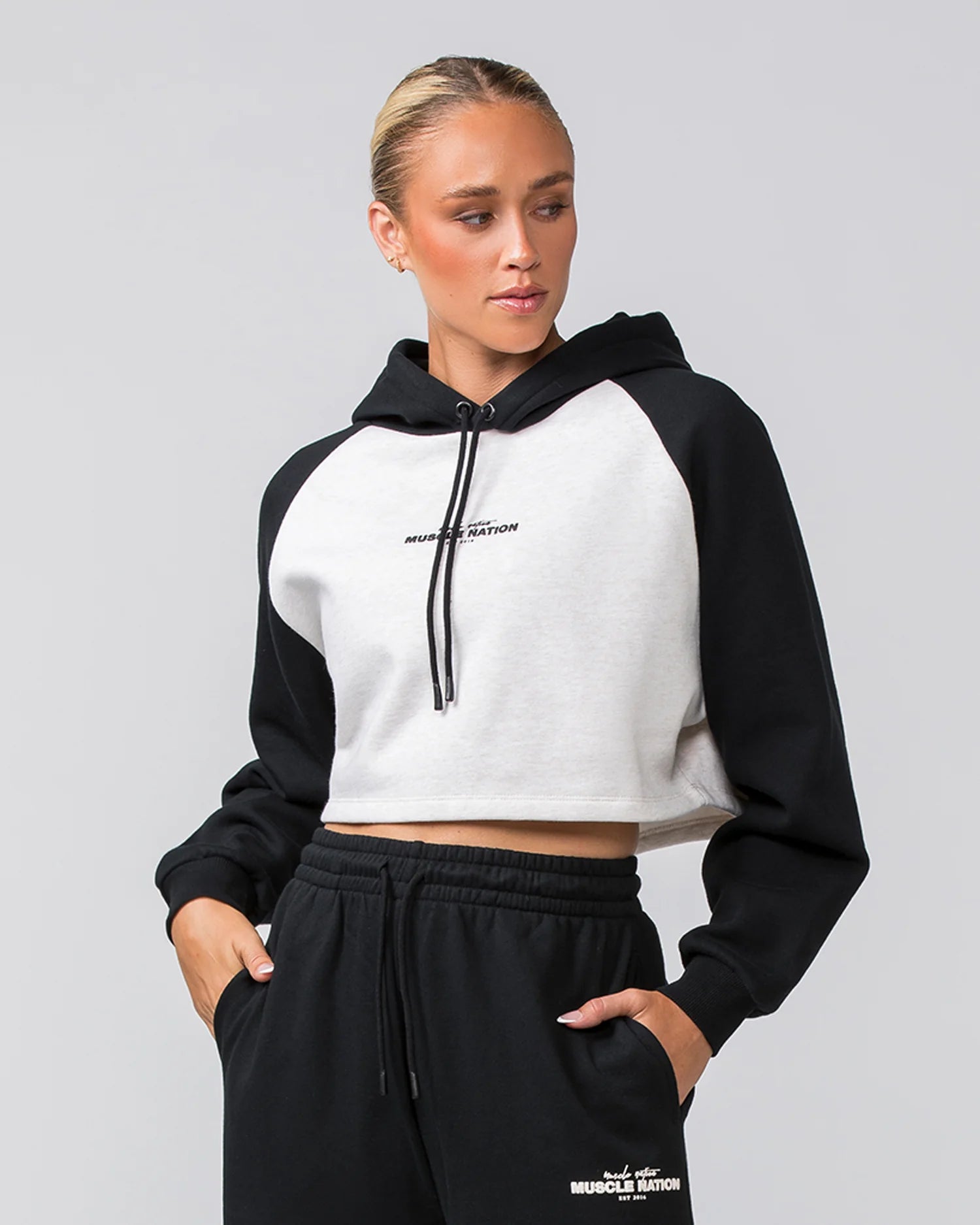 Muscle Nation | Timeless Cropped Hoodie - Black / Dew Marl