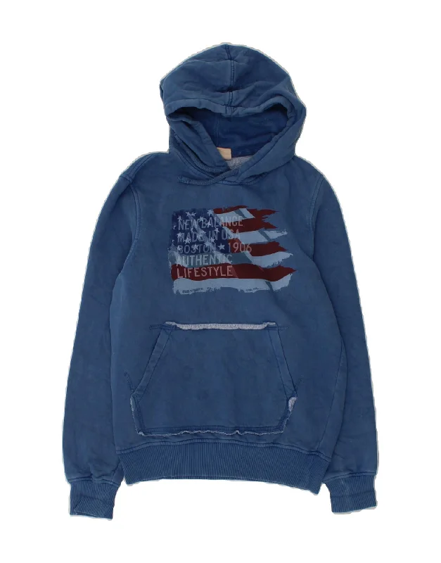 NEW BALANCE Boys Graphic Hoodie Jumper 15-16 Years Small Navy Blue Cotton Hoodie with Hem Elastic Stretchable Comfortable