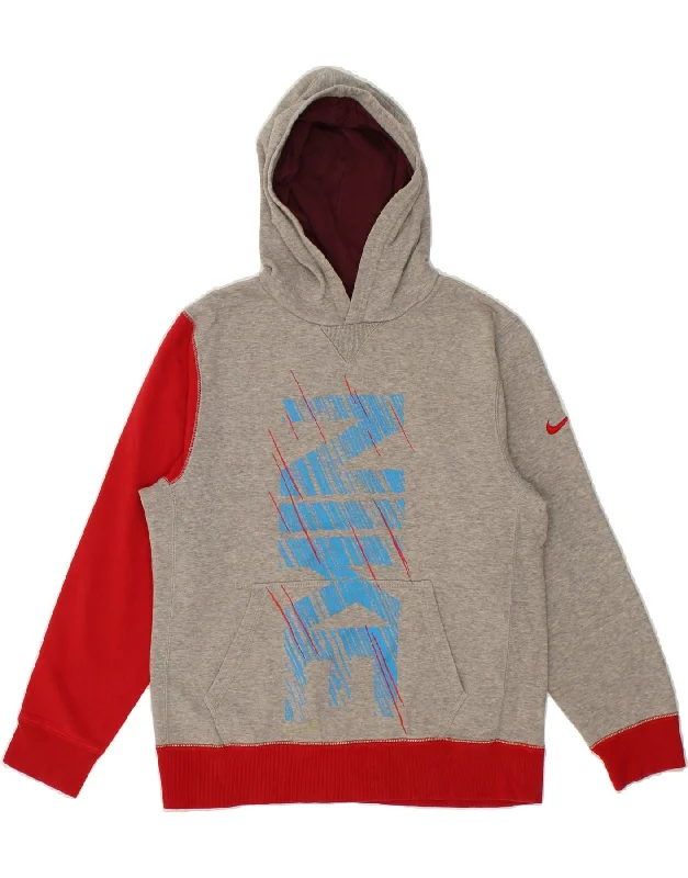 NIKE Boys Graphic Hoodie Jumper 12-13 Years Large  Grey Colourblock