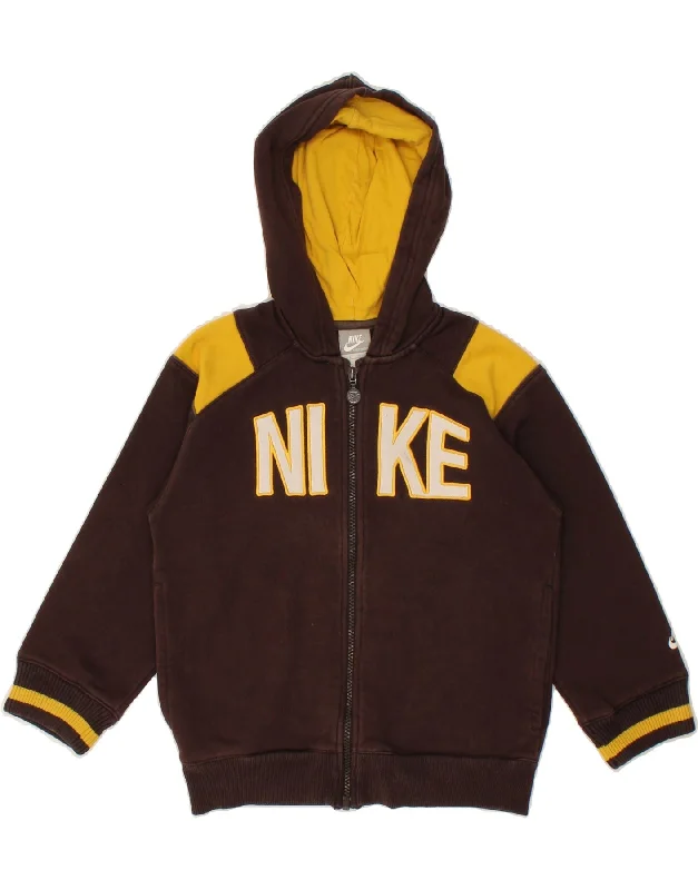 NIKE Boys Graphic Zip Hoodie Sweater 6-7 Years Large Brown Cotton