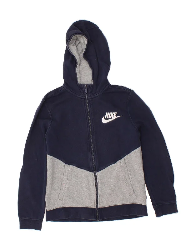 NIKE Boys Zip Hoodie Sweater 12-13 Years Large Navy Blue Colourblock