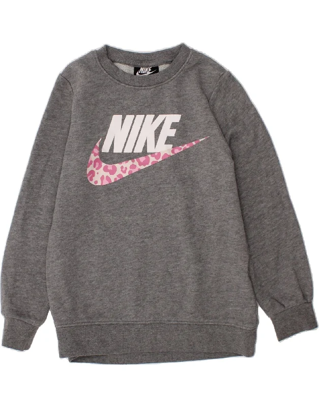 NIKE Girls Graphic Sweatshirt Jumper 4-5 Years Small Grey Cotton Hoodie with Side Slits Relaxed Casual