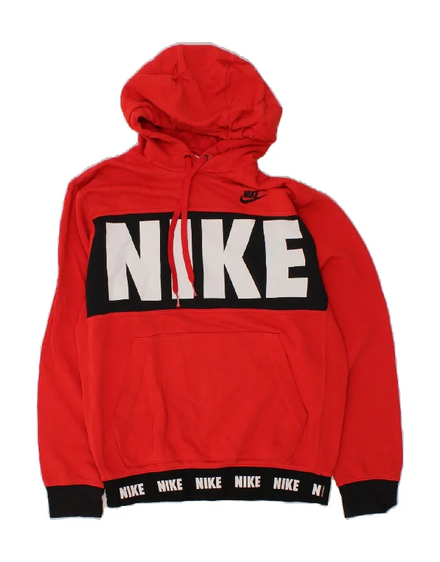 NIKE Mens Graphic Hoodie Jumper Small Red Cotton Hoodie with Side Slits Relaxed Casual