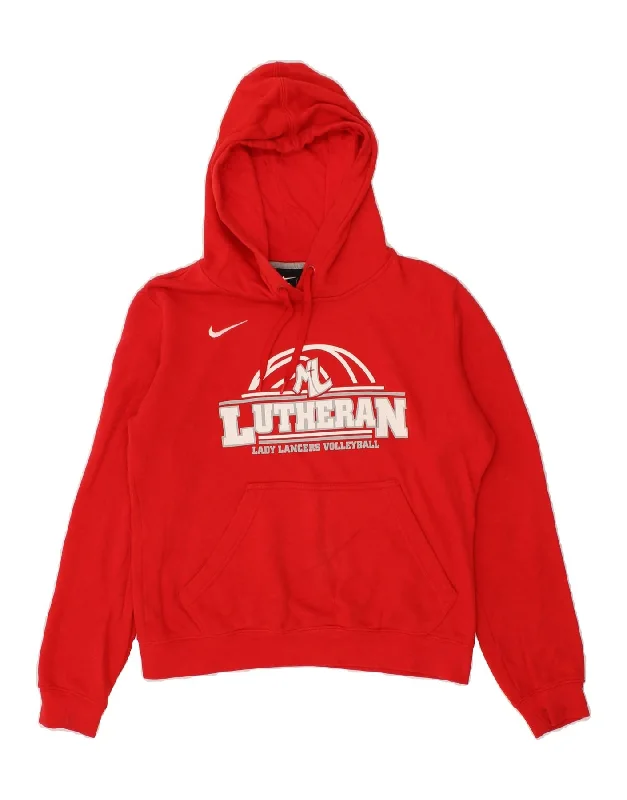 NIKE Womens Oversized Graphic Hoodie Jumper UK 10 Small Red Cotton Hoodie with Color Block Contrast Stylish
