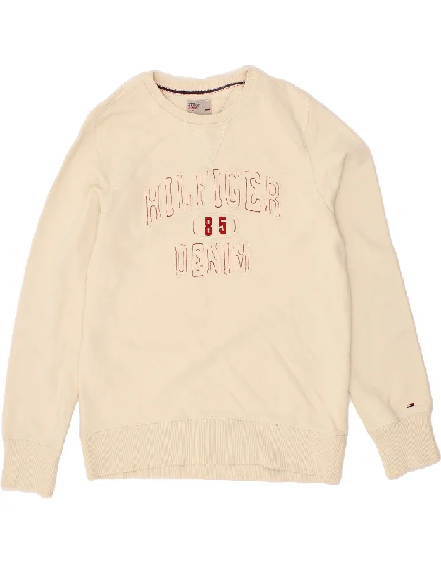 TOMMY HILFIGER Mens Graphic Sweatshirt Jumper Small Beige Cotton Hoodie with Zipper Placket Modern Functional