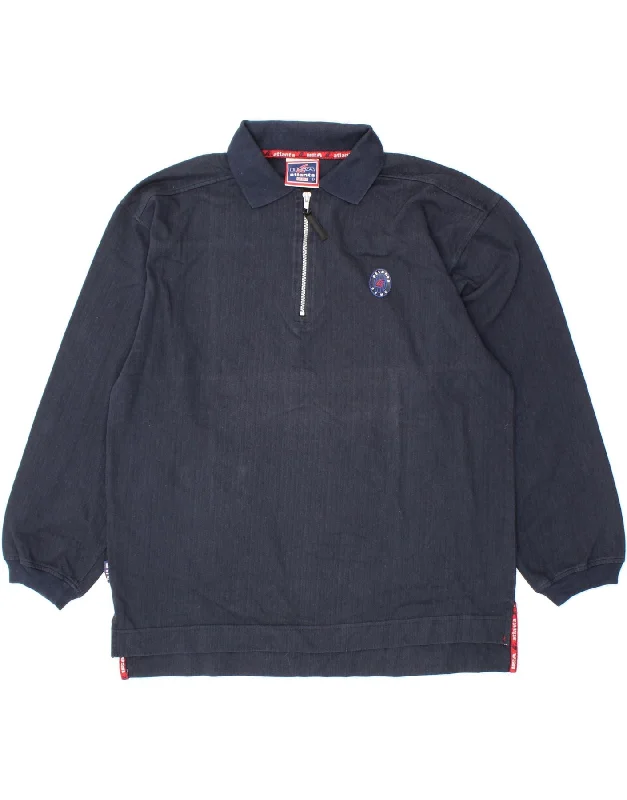 VINTAGE Mens Polo Neck Sweatshirt Jumper Large Navy Blue Cotton