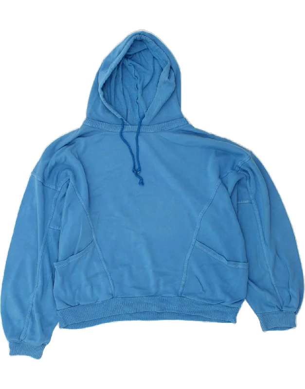 VINTAGE Womens Oversized Crop Hoodie Jumper UK 20 2XL Blue Cotton Hoodie with Patch Decorative Personalized