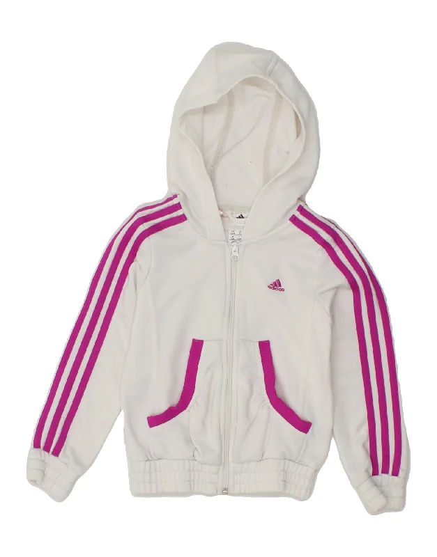 ADIDAS Girls Zip Hoodie Sweater 7-8 Years White Polyester Hooded Sweater Collared Sweater Shawl Collar