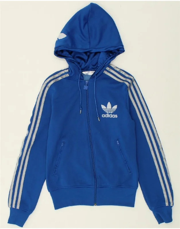 ADIDAS Womens Graphic Zip Hoodie Sweater UK 10 Small Blue Polyester Notch Collar Peter Pan Collar Cowl Neck