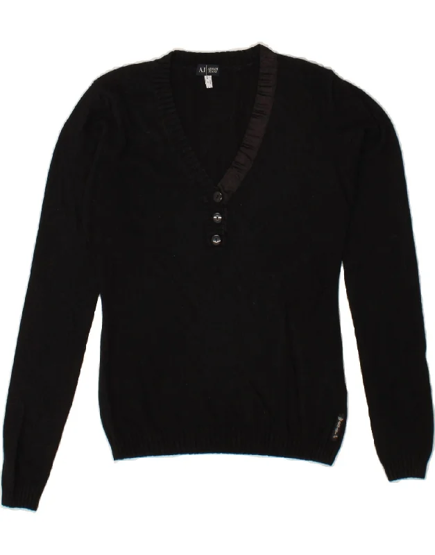 ARMANI JEANS Womens V-Neck Jumper Sweater UK 14 Medium Black Silk Beaded Sweater Sequined Faux Fur ARMANI JEANS Womens V-Neck Jumper Sweater UK 14 Medium Black Silk Beaded Sweater Sequined Faux Fur