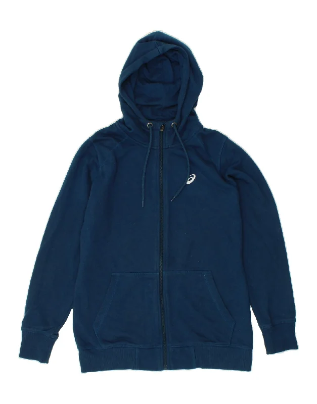 ASICS Womens Zip Hoodie Sweater UK 14 Medium Navy Blue Ribbed Striped Patterned