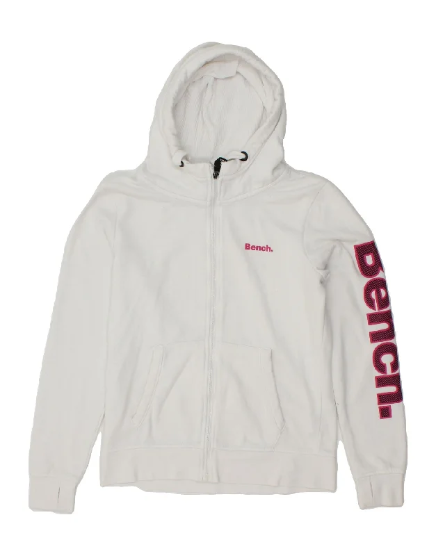 BENCH Womens Graphic Zip Hoodie Sweater UK 16 Large White Cotton Chenille Brocade Lace