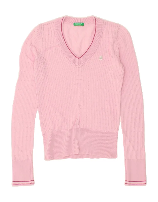 BENETTON Womens Crop V-Neck Jumper Sweater UK 8 Small Pink Fleece Fabric Down Fabric Feather Fabric