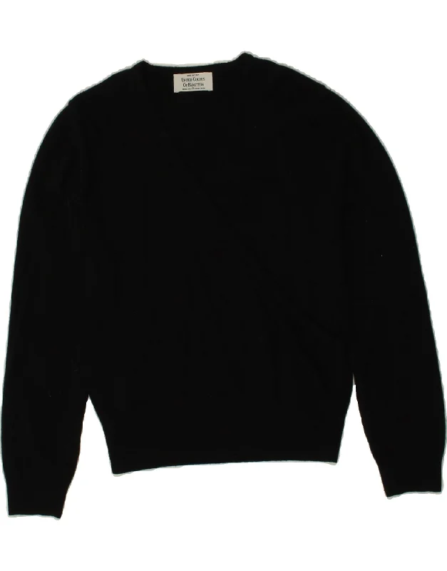 BENETTON Womens V-Neck Jumper Sweater IT 46 Large Black Wool Silk Blend Satin Velvet BENETTON Womens V-Neck Jumper Sweater IT 46 Large Black Wool Silk Blend Satin Velvet