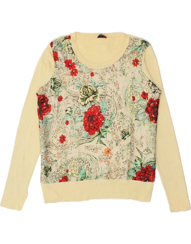 BLAUER Womens Boat Neck Jumper Sweater UK 16 Large Beige Floral Cotton