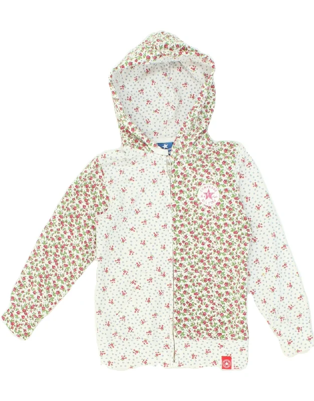 CONVERSE Girls Zip Hoodie Sweater 5-6 Years White Floral Cotton