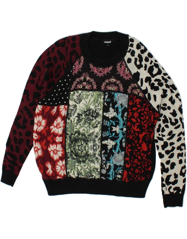 DESIGUAL Womens Crew Neck Jumper Sweater UK 18 XL Black Patchwork Cotton Iron Safe Non-Iron Wrinkle Free