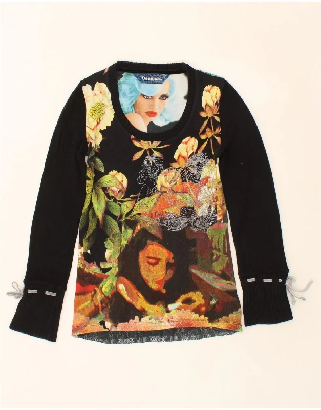 DESIGUAL Womens Graphic Boat Neck Jumper Sweater UK 10 Small Black Floral Houndstooth Herringbone Solid DESIGUAL Womens Graphic Boat Neck Jumper Sweater UK 10 Small Black Floral Houndstooth Herringbone Solid