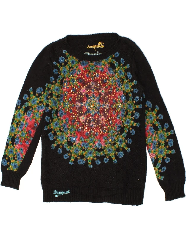 DESIGUAL Womens Graphic Boat Neck Jumper Sweater UK 12 Medium Black Floral Ribbed Striped Patterned