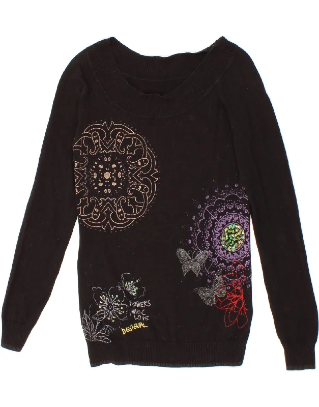 DESIGUAL Womens Graphic Boat Neck Jumper Sweater UK 12 Medium Black Floral Turtle Neck Boat Neck Asymmetrical Neck