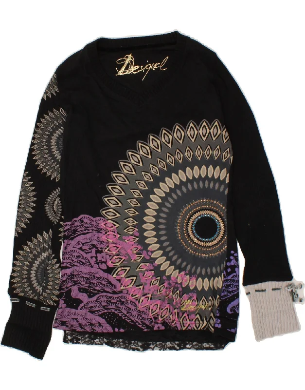 DESIGUAL Womens Graphic V-Neck Jumper Sweater UK 12 Medium Black Floral Chenille Fabric Brocade Fabric Lace Fabric