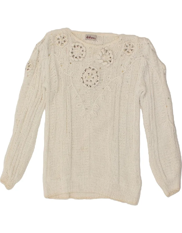 DOLORES Womens Boat Neck Jumper Sweater UK 12 Medium White Floral