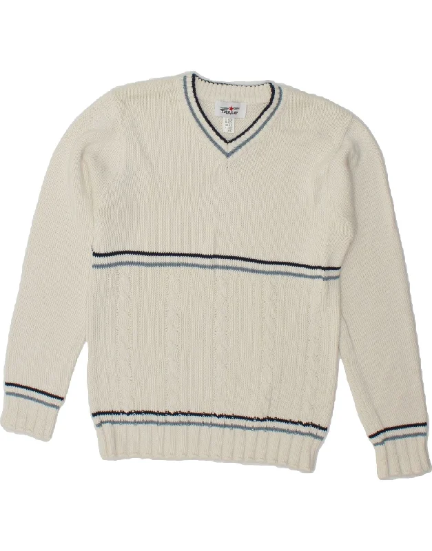 FLASH LIGHTS Womens V-Neck Jumper Sweater UK 6/8 XS White Striped Cotton Solid Print Embellished FLASH LIGHTS Womens V-Neck Jumper Sweater UK 6/8 XS White Striped Cotton Solid Print Embellished