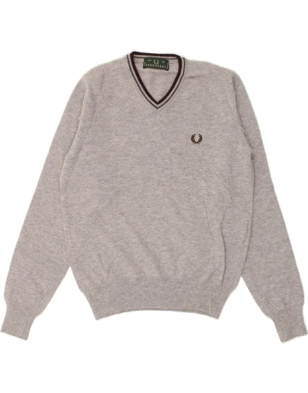 FRED PERRY Womens V-Neck Jumper Sweater UK 10 Small Grey Wool