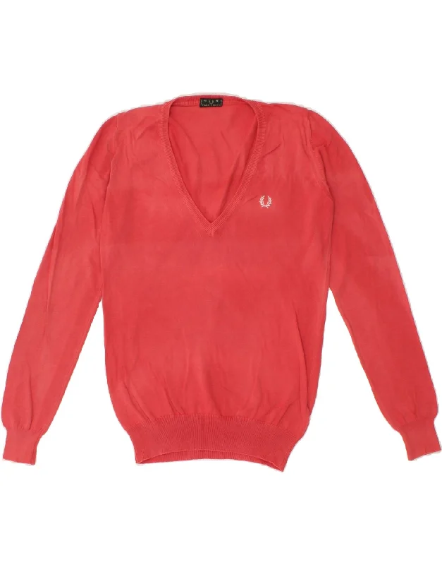 FRED PERRY Womens V-Neck Jumper Sweater UK 14 Medium Pink Cotton Faux Fur Fabric Real Fur Fabric Shearling Fabric