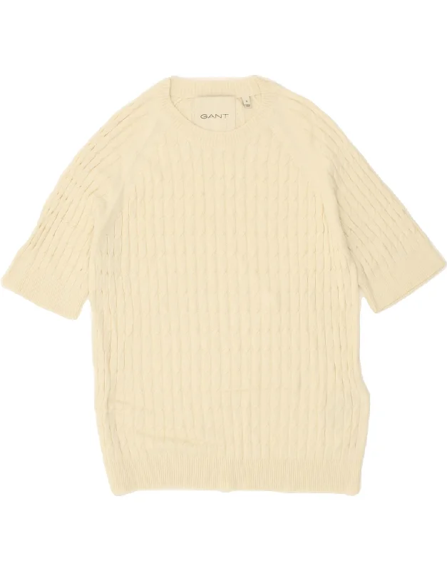 GANT Womens Short Sleeve Crew Neck Jumper Sweater UK 10 Small Beige Cotton Fabric Linen Fabric Terry Fabric