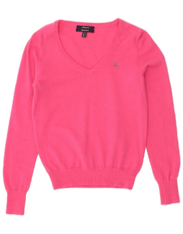 GANT Womens V-Neck Jumper Sweater UK 10 Small Pink Lambswool