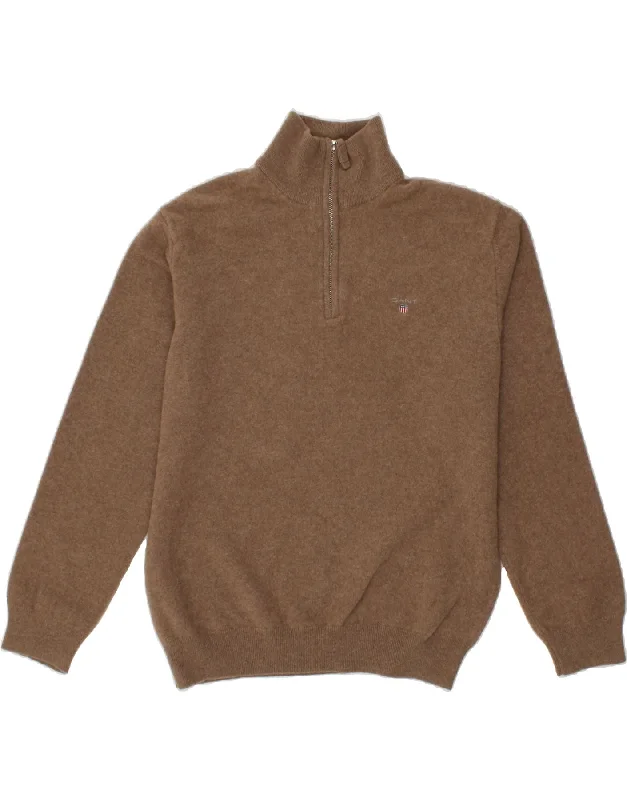 GANT Womens Zip Neck Jumper Sweater UK 20 2XL Brown Lambswool Fitted Slim Tailored