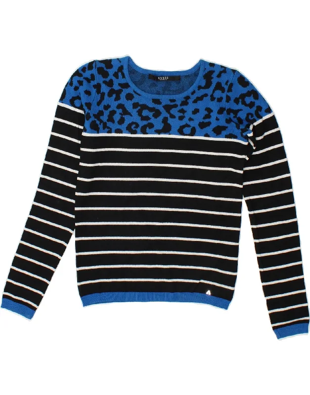 GUESS Womens Crop Boat Neck Jumper Sweater UK 6 XS Blue Striped Viscose Fitted Loose Oversized