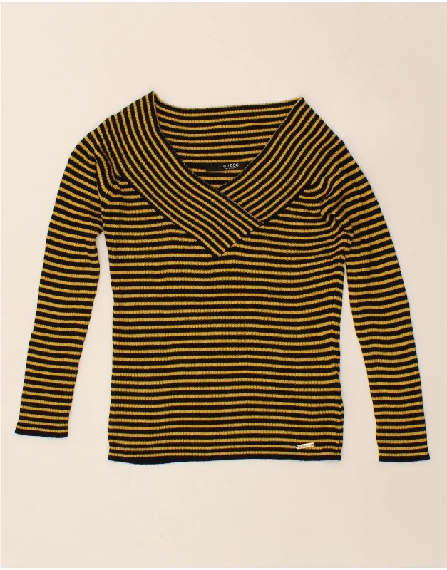 GUESS Womens Crop V-Neck Jumper Sweater UK 6 XS Yellow Striped Viscose