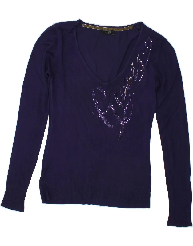 GUESS Womens Graphic V-Neck Jumper Sweater UK 12 Medium Navy Blue Viscose Zippered Buttoned Snapped