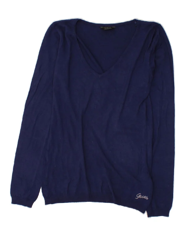 GUESS Womens V-Neck Jumper Sweater UK 12 Medium Navy Blue Viscose