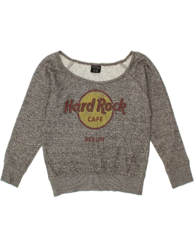 HARD ROCK CAFE Womens Berlin Graphic Boat Neck Jumper Sweater UK 6 XS Grey